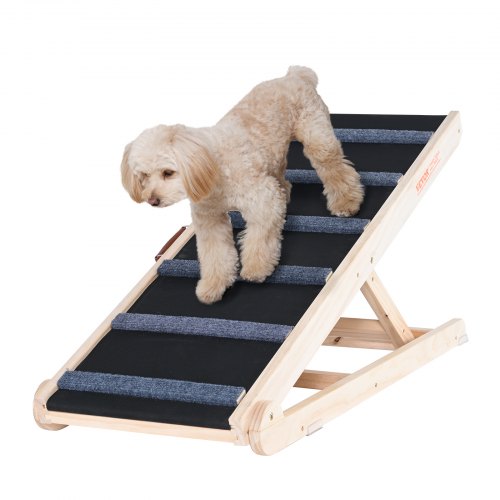 Hundramp, Hopfällbar husdjursramp för säng, Justerbar hundramp för små, stora, gamla hundar och katter, Husdjursramp i trä med 105 cm lång ramp, Justerbar från 35 cm till 65 cm, Lämplig för soffa, bil