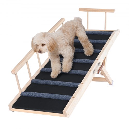Hundramp, Hopfällbar husdjursramp för säng, Justerbar hundramp för små, stora, gamla hundar och katter, Husdjursramp i trä med 120 cm lång ramp, Justerbar från 35 cm till 70 cm, Lämplig för soffa, bil