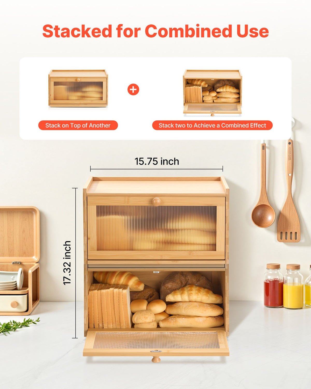 Brödlåda för köksbänk, stor förvaringsbehållare för bröd i bambu, brödlåda i trä i lantlig stil för hembakat bröd, förvaringshållare med vågig akryldörrpanel, naturlig