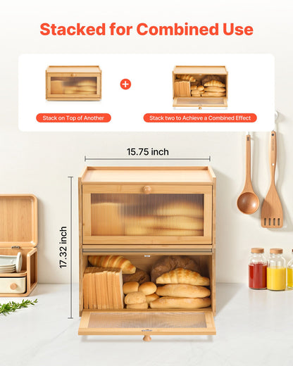 Brödlåda för köksbänk, stor förvaringsbehållare för bröd i bambu, brödlåda i trä i lantlig stil för hembakat bröd, förvaringshållare med vågig akryldörrpanel, naturlig
