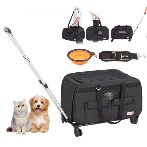 Kattbur med hjul, rullande husdjursbur med teleskophandtag och axelrem, hundbur med hjul för husdjur under 15,9 kg, med 1 hopfällbar skål, svart