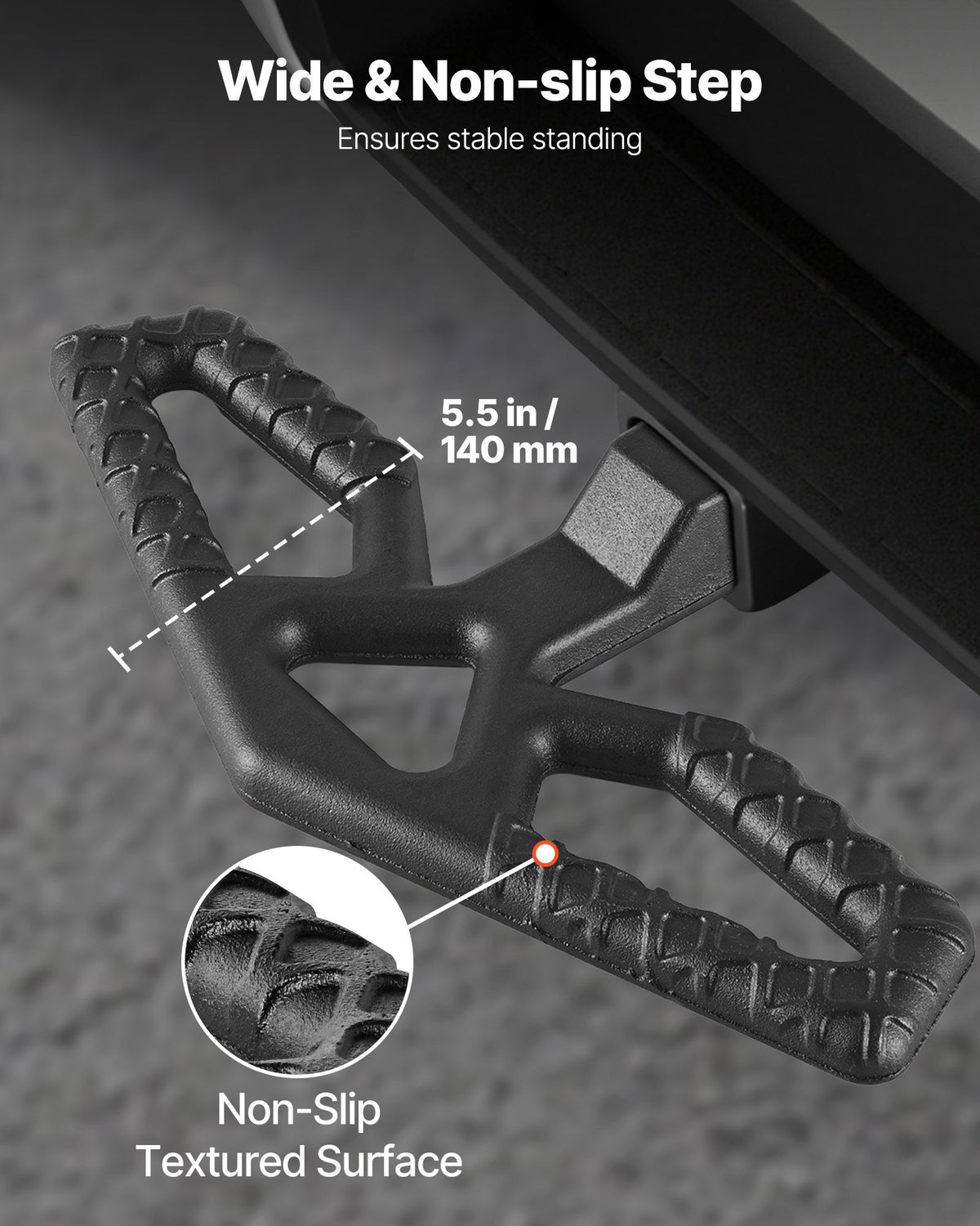 Dragkroksfotsteg för 5 cm mottagare, universellt bakre stötfångarskydd med 159 kg lastkapacitet, brett och halkfritt dragkroksfotsteg med sprintsats och stabilisator, passar för lastbil, SUV, pickup, släpvagn