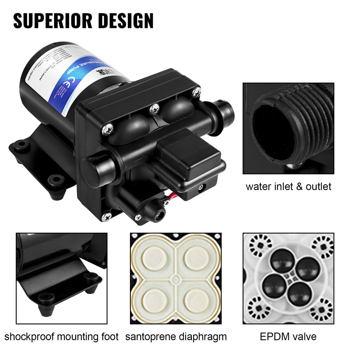 Färskvattenpump, 12 V självsugande sprutpump, 11 l/min (3 GPM) husbilsvattenpump, med tryckbrytare 3,8 bar (55 PSI) självsugande vattenpump, avtagbar sil 12 V membranpump, för husbil, husbil, marin, båt, gräsmatta