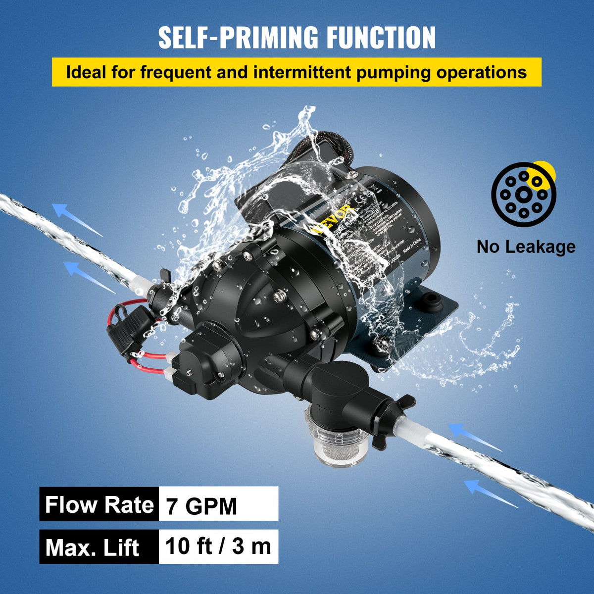 Spolpump, 12V DC, 26 L/min (7 GPM) 4 bar (60 PSI), max. 3 m (10 FT) självsugande vattenpump, med EPDM-ventil, universal saltvattensil och invändig/utvändig gänga, för husbil, marindäck, yacht