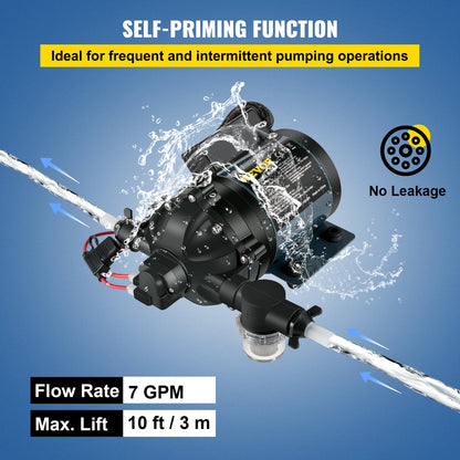 Spolpump, 12V DC, 26 L/min (7 GPM) 4 bar (60 PSI), max. 3 m (10 FT) självsugande vattenpump, med EPDM-ventil, universal saltvattensil och invändig/utvändig gänga, för husbil, marindäck, yacht