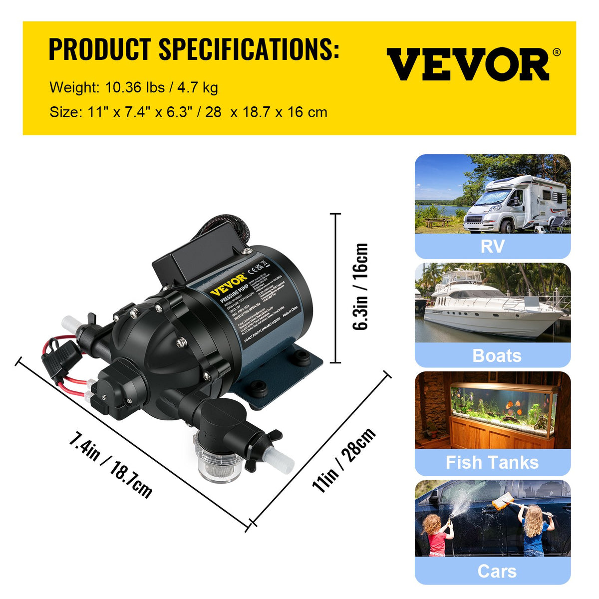 Spolpump, 12V DC, 26 L/min (7 GPM) 4 bar (60 PSI), max. 3 m (10 FT) självsugande vattenpump, med EPDM-ventil, universal saltvattensil och invändig/utvändig gänga, för husbil, marindäck, yacht