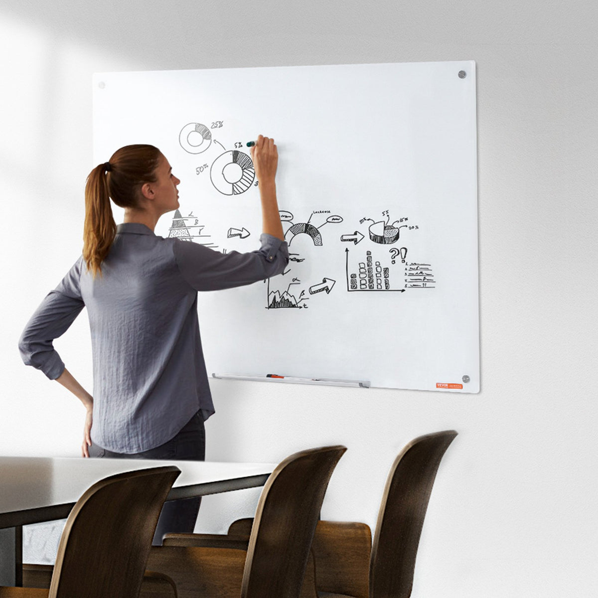 Magnetisk whiteboardtavla i glas, whiteboardtavla 1200 x 800 mm, väggmonterad stor vit glastavla utan ram, med tuschbricka, suddgummi och 2 tuschpennor, vit