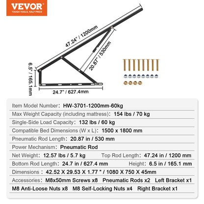 Sänglyft, 59x71 tum kompatibel sängstorlek 154 lbs lastbärande, gör-det-själv väggsäng mekanisk hårdvarusats vertikal deluxe, pneumatisk spak kraftig sängstöd, hopfällbar väggsäng för gästrum