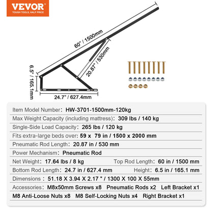 Sänglyft 149,9 cm x 200,7 cm Kompatibel sängstorlek 140,2 kg belastning Gör-det-själv väggmonterad sängbeslag