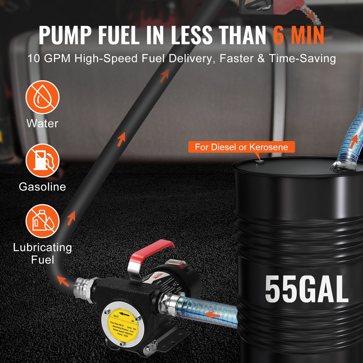 Bränsleöverföringspump, 12V DC 38 L/min (10 GPM) 186W (1/4 hk), bärbar elektrisk dieselöverföringspump med automatisk avstängning av bränslemunstycke, högt flöde, lång inlopps- och utloppsslang för diesel, fotogen, transformatorbränsle