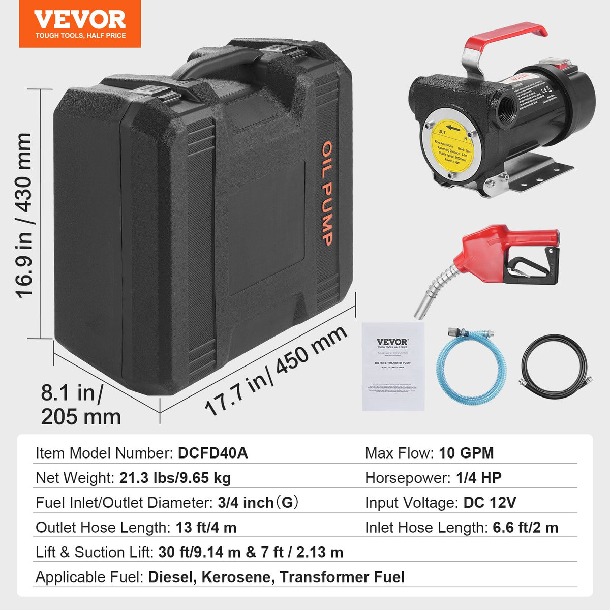 Bränsleöverföringspump, 12V DC 38 L/min (10 GPM) 186W (1/4 hk), bärbar elektrisk dieselöverföringspump med automatisk avstängning av bränslemunstycke, högt flöde, lång inlopps- och utloppsslang för diesel, fotogen, transformatorbränsle