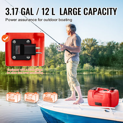 Båtbränsletank, 3,17-gallon/12-liters marin utombordsbränsletank, överföringstank med 9,8 fots slang, mätare för utombordsmotor, yacht, fiskebåt, däck, röd