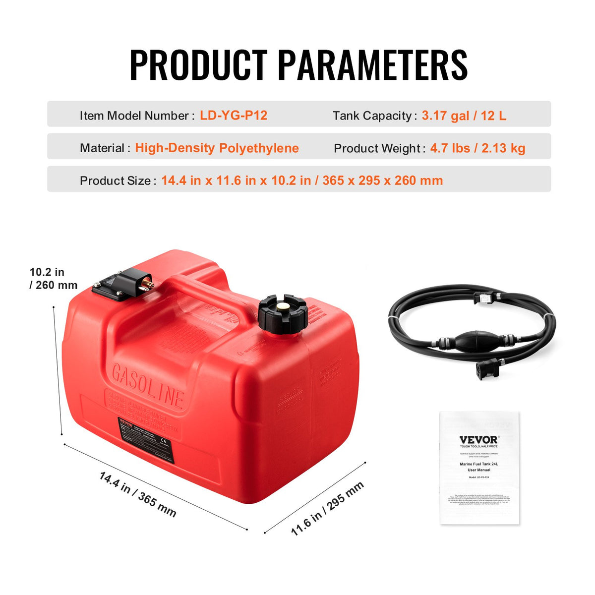 Båtbränsletank, 3,17-gallon/12-liters marin utombordsbränsletank, överföringstank med 9,8 fots slang, mätare för utombordsmotor, yacht, fiskebåt, däck, röd