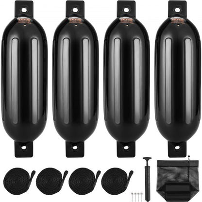 Boat Fenders, 14 cm x 51 cm Boat Bumpers for Docking, Inflatable Ribbed Fender with Center Holes, Marine Boat Dock Fender Bumper with Air Pump, 4 Needles and 4 Ropes and Storage Bag, Black