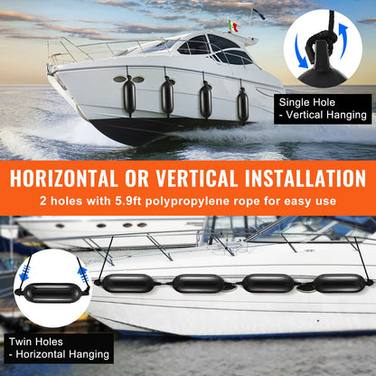 Boat Fenders, 14 cm x 51 cm Boat Bumpers for Docking, Inflatable Ribbed Fender with Center Holes, Marine Boat Dock Fender Bumper with Air Pump, 4 Needles and 4 Ropes and Storage Bag, Black