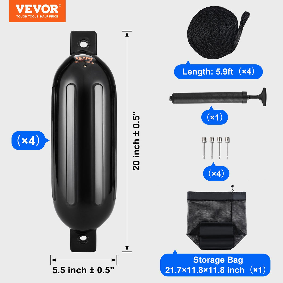 Boat Fenders, 14 cm x 51 cm Boat Bumpers for Docking, Inflatable Ribbed Fender with Center Holes, Marine Boat Dock Fender Bumper with Air Pump, 4 Needles and 4 Ropes and Storage Bag, Black