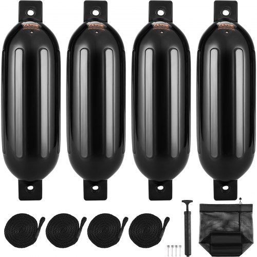 Båtfendrar, 8,5" x 26" båtstötfångare för dockning, uppblåsbar räfflad fender med mitthål, marin båtbryggas stötfångare med luftpump, 4 nålar och 4 rep och förvaringsväska, svart