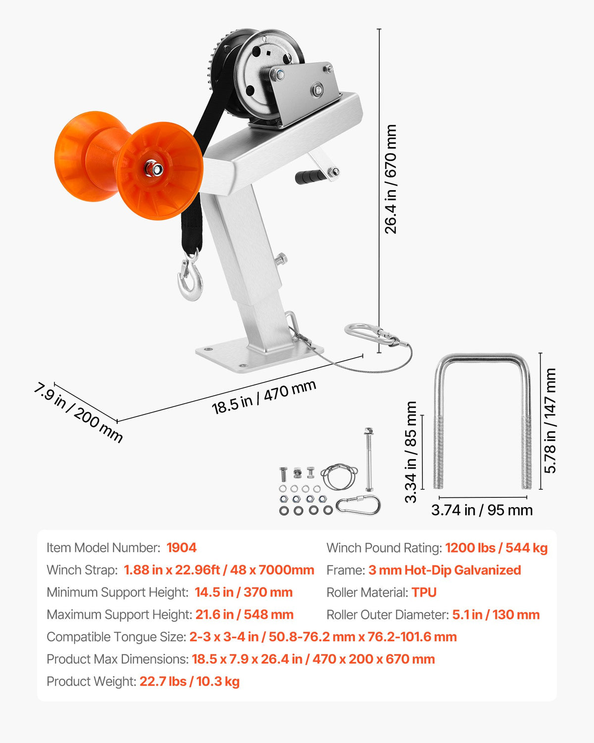 Vinschstativ för båttrailer med rulle, 544 kg vinsch och 51 mm x 7,6 m vinschrem, båtvinschfäste med U-bult för 50,8-76,2 mm B x 76,2-101,6 mm H trailertunga, lämplig för vattenskoter, segelbåt, motorbåt