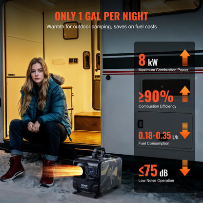 8KW dieselvärmare, 12V/24V allt-i-ett dieselluftvärmare, Bluetooth-appkontroll, fjärrkontroll och displayskärm, CO-larm, snabb uppvärmning horisontell bärbar dieselvärmare för fordon, garage