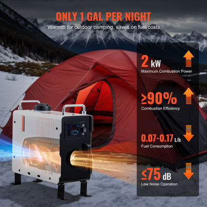 2KW dieselvärmare, 12V/24V allt-i-ett dieselluftvärmare, med Bluetooth-appkontroll, fjärrkontroll och display, CO-larm, snabb uppvärmning, bärbar dieselvärmare för fordon och utomhusbruk