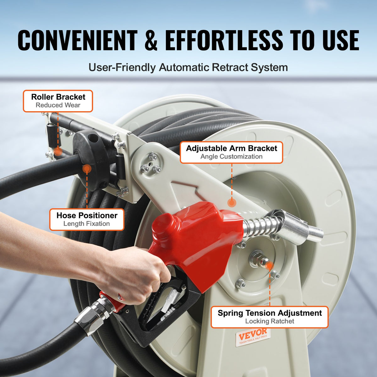 Fuel Hose Reel, 25.4 mm x 10.06 m, Extra Long Retractable Diesel Hose Reel, Heavy-Duty Carbon Steel Construction with Automatic Fuel Nozzle, NBR Rubber Hose for Aircraft Ship Vehicle Tank Truck, 20.68 bar