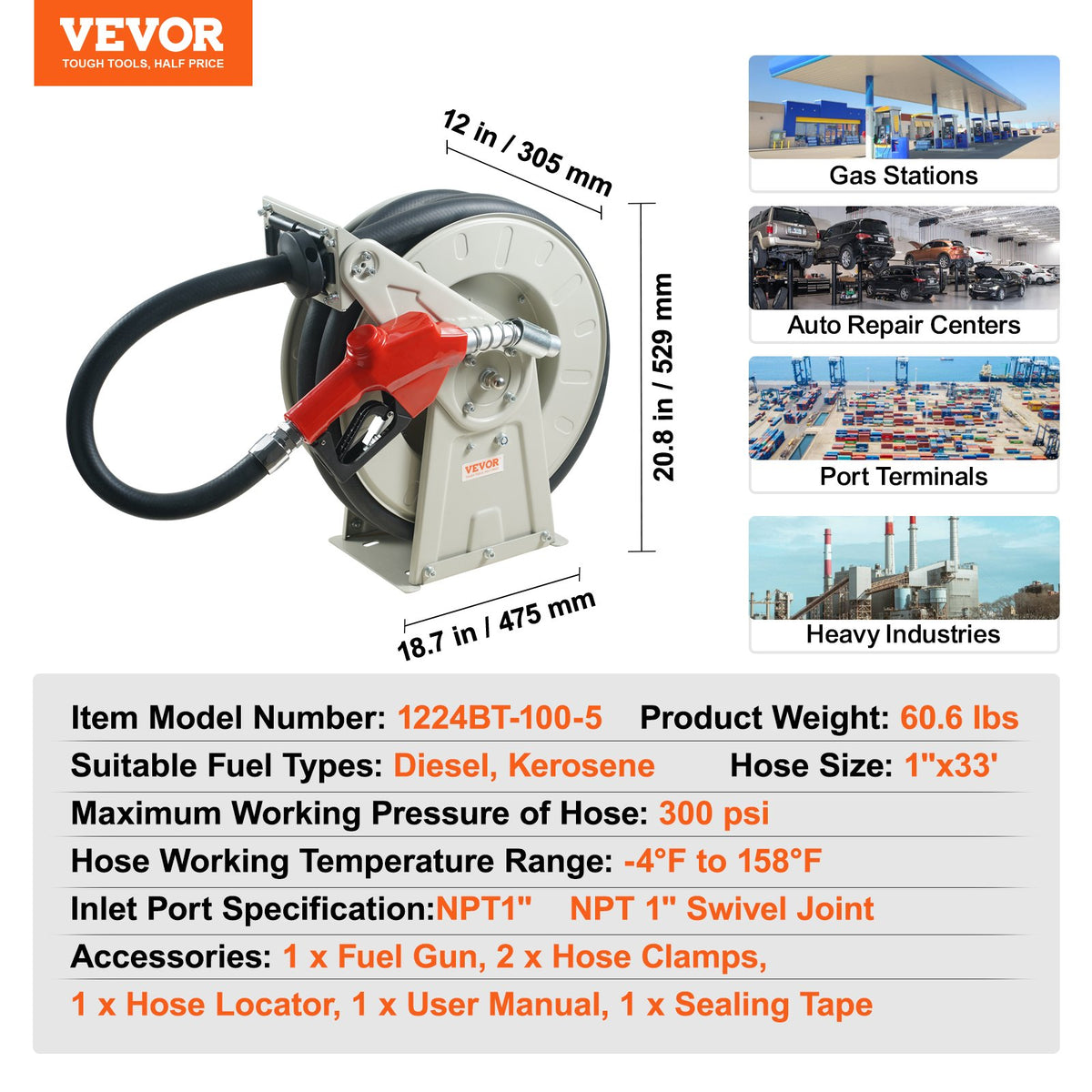 Fuel Hose Reel, 25.4 mm x 10.06 m, Extra Long Retractable Diesel Hose Reel, Heavy-Duty Carbon Steel Construction with Automatic Fuel Nozzle, NBR Rubber Hose for Aircraft Ship Vehicle Tank Truck, 20.68 bar