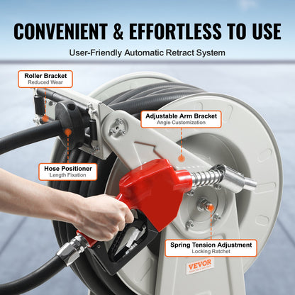 Fuel Hose Reel, 25.4 mm x 15.24 m, Extra Long Retractable Diesel Hose Reel, Heavy-Duty Carbon Steel Construction with Automatic Fuel Nozzle, NBR Rubber Hose for Aircraft Ship Vehicle Tank Truck, 20.68 bar