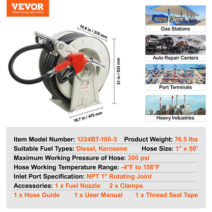 Fuel Hose Reel, 25.4 mm x 15.24 m, Extra Long Retractable Diesel Hose Reel, Heavy-Duty Carbon Steel Construction with Automatic Fuel Nozzle, NBR Rubber Hose for Aircraft Ship Vehicle Tank Truck, 20.68 bar