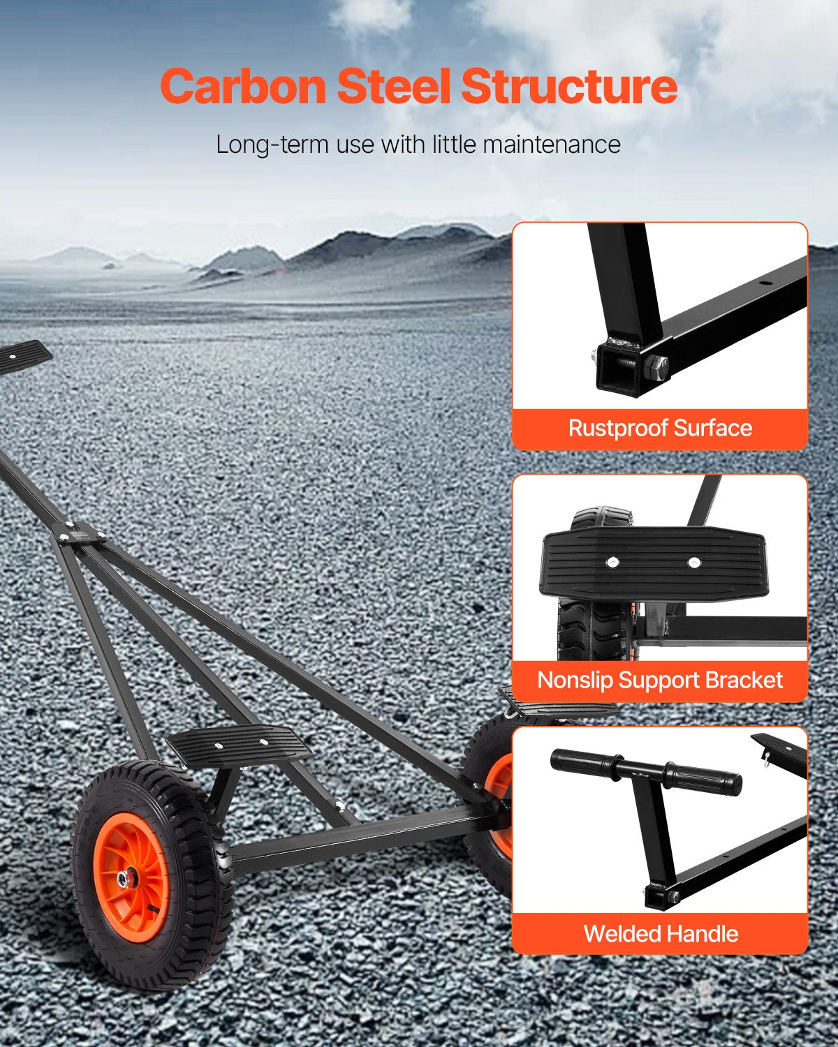 Båttrailervagn, 180 kg lastkapacitet, släpvagnsflyttmaskin i kolstål med justerbar längd, 41 cm luftfyllda däck och halkfri stödkonsol, för flytt av kajak, motorbåt, fiskebåt