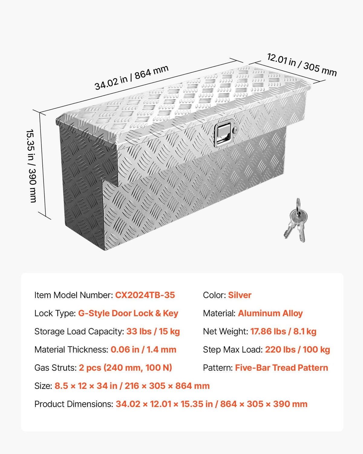 Verktygslåda för lastbilsflak, kraftig verktygslåda i aluminium med slitbanemönster, förvaringslåda med lås och nyckel, perfekt för pickup, lastbilsflak, husbil, släpvagn, 864 x 305 x 390 mm, silver
