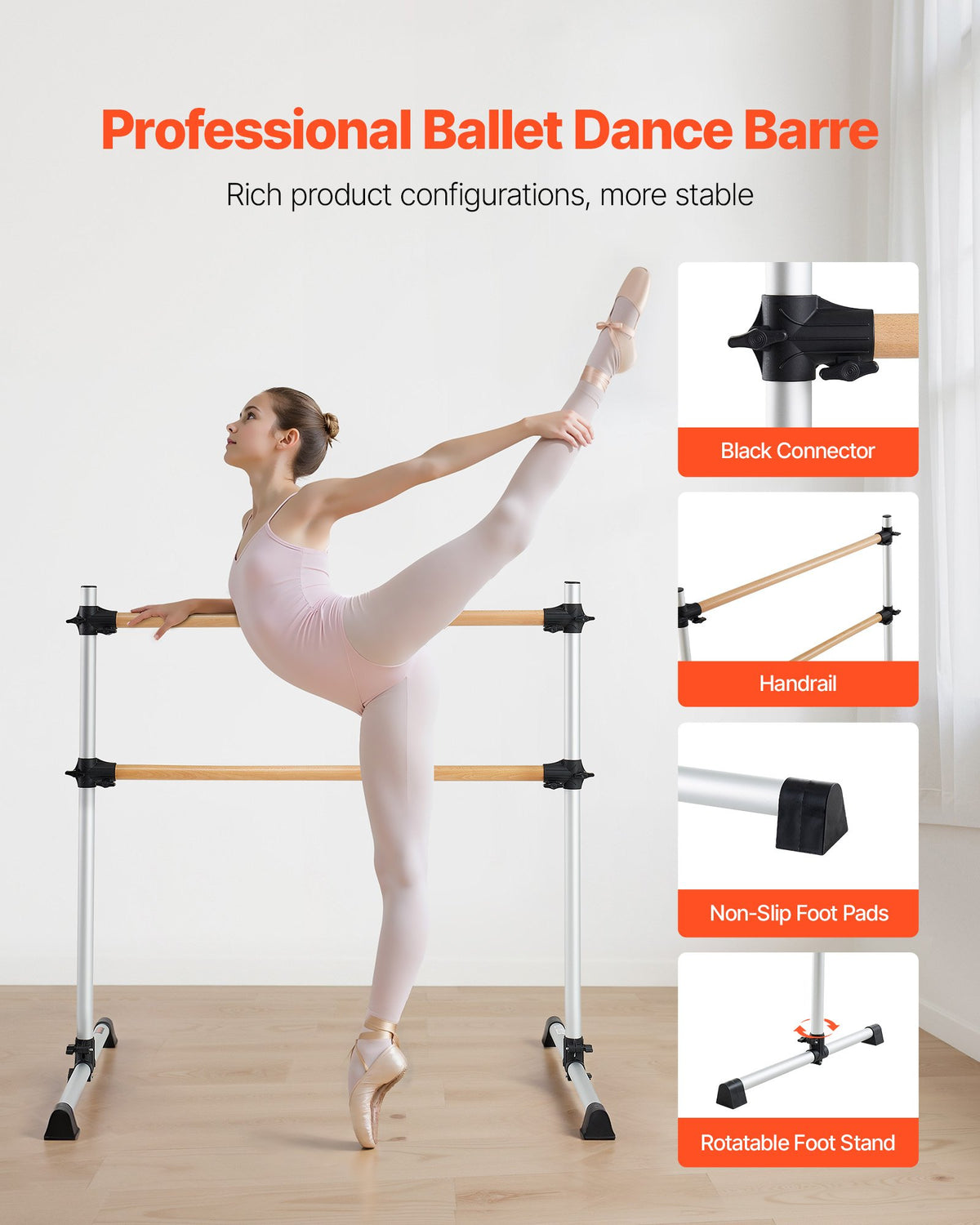 Balettstång, dubbel bokträstång för hemmabruk, fristående bärbara balettstretchstänger, höjdjusterbar anti-wobble fitnessutrustning, för pilates balansträning