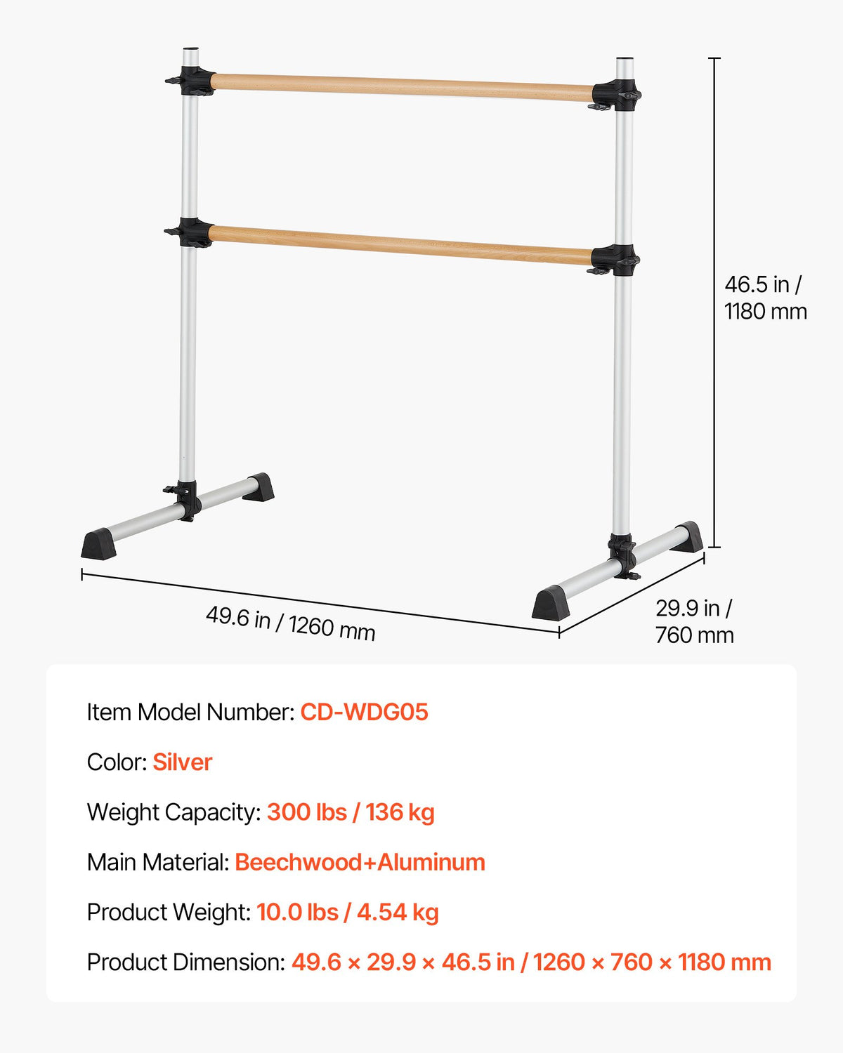 Balettstång, dubbel bokträstång för hemmabruk, fristående bärbara balettstretchstänger, höjdjusterbar anti-wobble fitnessutrustning, för pilates balansträning