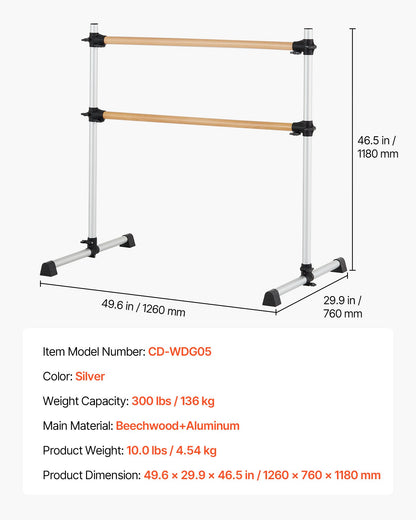 Balettstång, dubbel bokträstång för hemmabruk, fristående bärbara balettstretchstänger, höjdjusterbar anti-wobble fitnessutrustning, för pilates balansträning