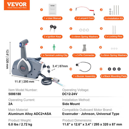 Gasreglage för båt, 5006180 sidomonterad fjärrkontrollbox för utombordare för Evinrude Johnson, marin gasreglagebox med Power Trim-brytare och rep