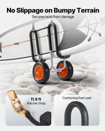 Kayak Cart, 68.0 kg Load Capacity, Stand Up Paddle Board Trolley with 25.4 cm Solid Rubber Tires & Kickstands, Paddle Board Carrier with Ratchet Strap for Paddleboard & Surfboard Transport