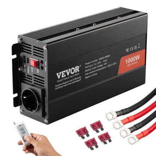 Ren sinusvågsväxelriktare, 1000 watt, DC 12V till AC 230V strömförsörjningsväxelriktare med 2 AC-uttag, 2 USB-portar och 1 typ-C-port, fjärrkontroll för små hemenheter som smartphones och bärbara datorer, CE-certifierad FCC