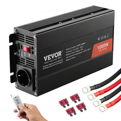 Ren sinusvågsväxelriktare, 1000 watt, DC 12V till AC 230V strömförsörjningsväxelriktare med 2 AC-uttag, 2 USB-portar och 1 typ-C-port, fjärrkontroll för små hemenheter som smartphones och bärbara datorer, CE-certifierad FCC