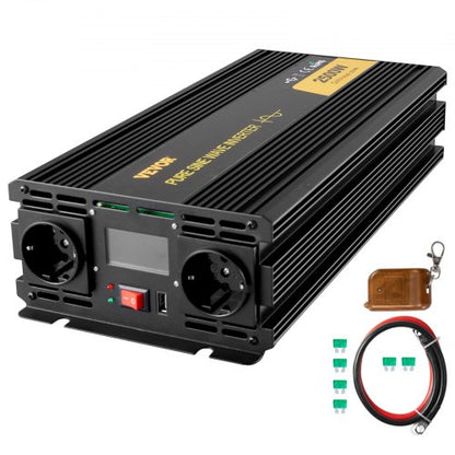 Ren sinusvågsväxelriktare 2500W strömförsörjare DC 12V AC 230V, bilväxelriktare USB-port LCD-skärm fjärrkontroll, säkerhetsskydd, strömomvandlare för husbilar, lastbilar, båtar och nödsituationer