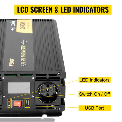 Ren sinusvågsväxelriktare 2500W strömförsörjare DC 12V AC 230V, bilväxelriktare USB-port LCD-skärm fjärrkontroll, säkerhetsskydd, strömomvandlare för husbilar, lastbilar, båtar och nödsituationer