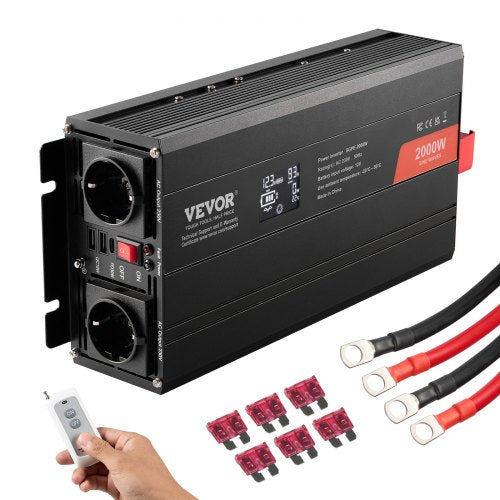 Ren sinusvågsväxelriktare, 2000 watt, DC 12V till AC 230V växelriktare med 2 AC-uttag, 2 USB-portar, 1 typ-C-port, LCD-skärm och fjärrkontroll för medelstora hushållsapparater, CE FCC