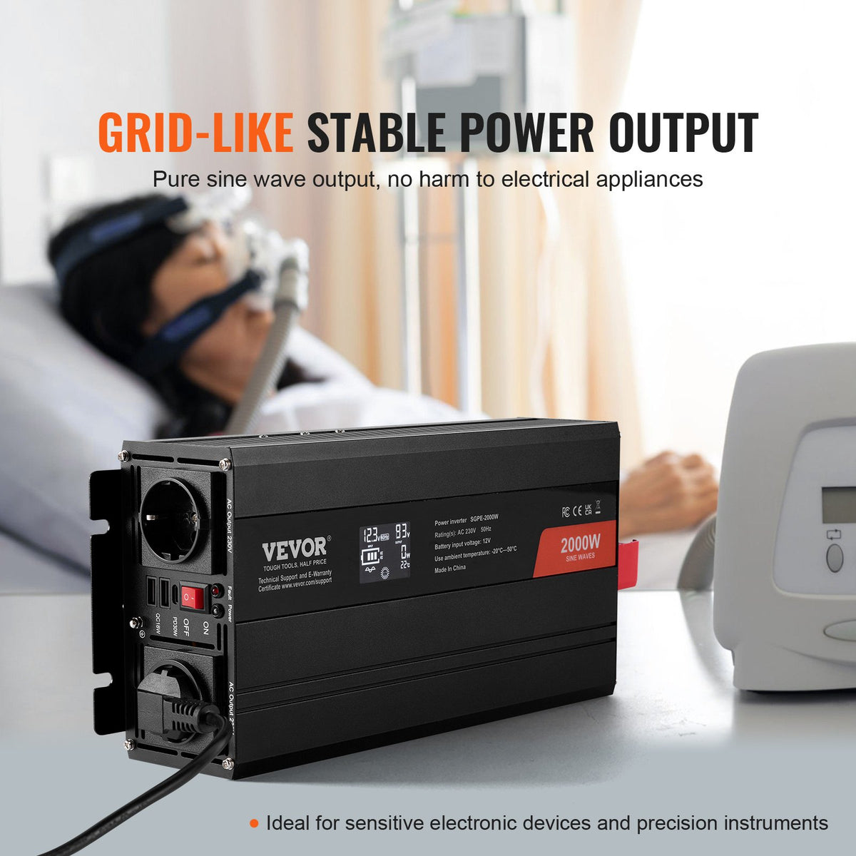Ren sinusvågsväxelriktare, 2000 watt, DC 12V till AC 230V växelriktare med 2 AC-uttag, 2 USB-portar, 1 typ-C-port, LCD-skärm och fjärrkontroll för medelstora hushållsapparater, CE FCC
