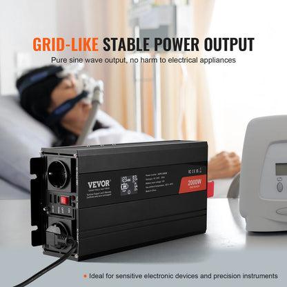 Ren sinusvågsväxelriktare, 2000 watt, DC 12V till AC 230V växelriktare med 2 AC-uttag, 2 USB-portar, 1 typ-C-port, LCD-skärm och fjärrkontroll för medelstora hushållsapparater, CE FCC
