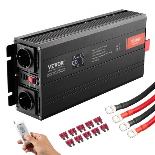Ren sinusvågsväxelriktare, 3000 watt, DC 12V till AC 230V växelriktare med 2 AC-uttag, 2 USB-portar, 1 typ-C-port, LCD-skärm och fjärrkontroll för stora hushållsapparater, CE FCC-certifierad