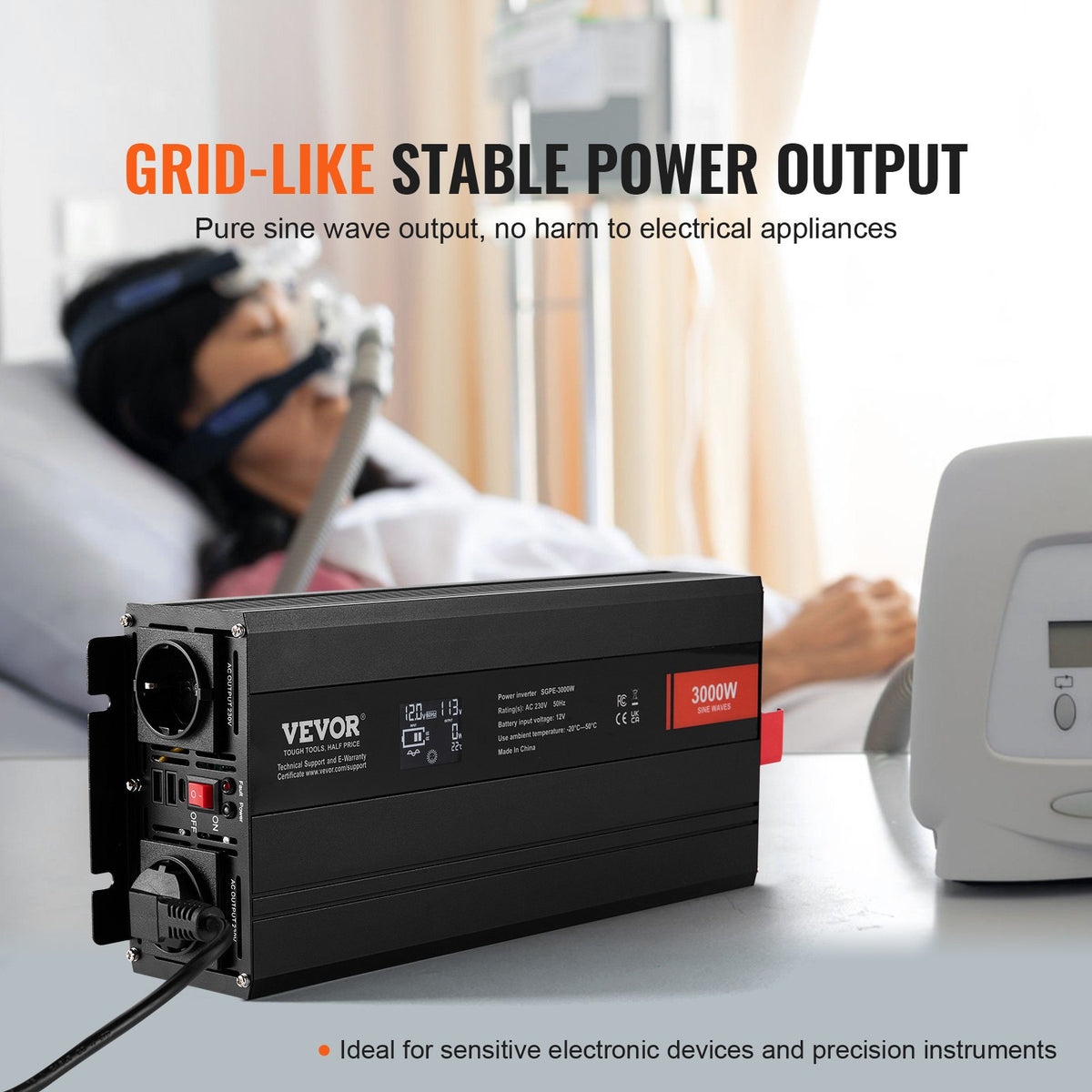 Ren sinusvågsväxelriktare, 3000 watt, DC 12V till AC 230V växelriktare med 2 AC-uttag, 2 USB-portar, 1 typ-C-port, LCD-skärm och fjärrkontroll för stora hushållsapparater, CE FCC-certifierad