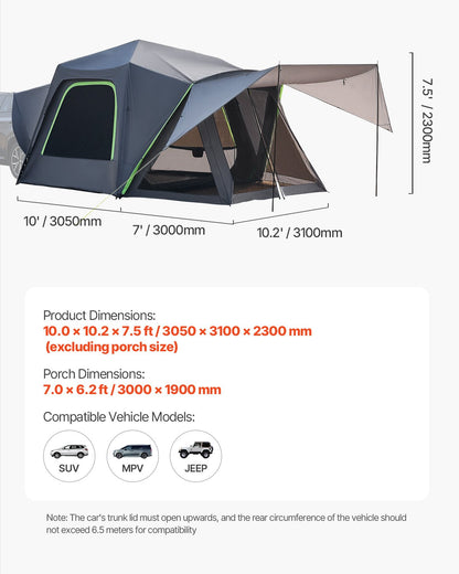 SUV-tält för camping, 3 meter L x 3 meter B, vattentät PU 2000 mm rymlig dubbelskiktsdesign för 5-8 personer, SUV-campingtält med skuggmarkis och nätfönster, inkluderar regnbåge och förvaringsväska