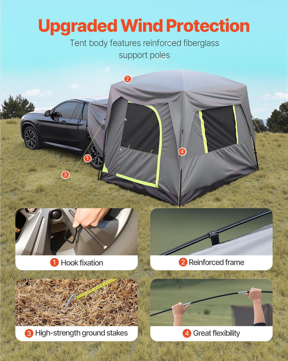 SUV-tält för camping, 3 meter L x 2,4 meter B, vattentät PU, 2000 mm rymlig dubbelskiktsdesign för 5-8 personer, SUV-campingtält med nätfönster, inkluderar regnbåge och förvaringsväska, för utomhusaktiviteter