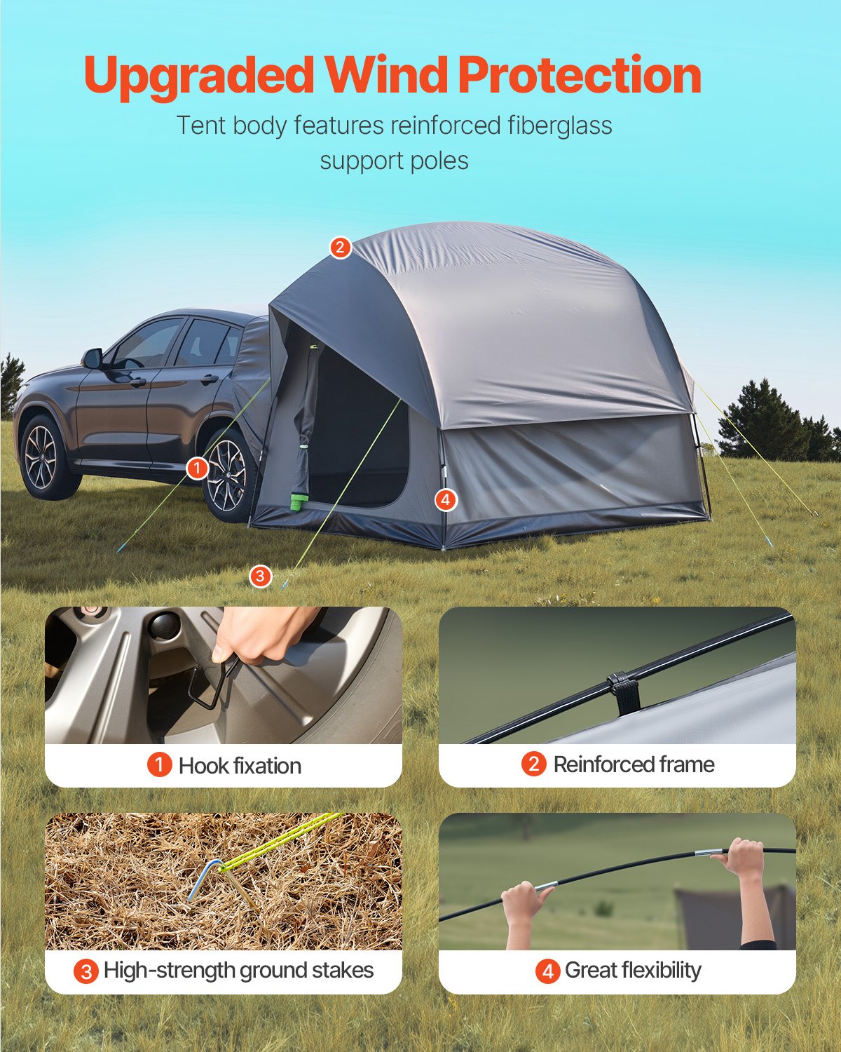 SUV-tält för camping, 2,4 m L x 2,4 m B, vattentät PU, 2000 mm rymlig dubbelskiktsdesign för 5-8 personer, SUV-campingtält med nätfönster, inkluderar regnbåge och förvaringsväska, för utomhusaktiviteter