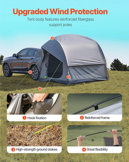 SUV-tält för camping, 2,4 m L x 2,4 m B, vattentät PU, 2000 mm rymlig dubbelskiktsdesign för 5-8 personer, SUV-campingtält med nätfönster, inkluderar regnbåge och förvaringsväska, för utomhusaktiviteter