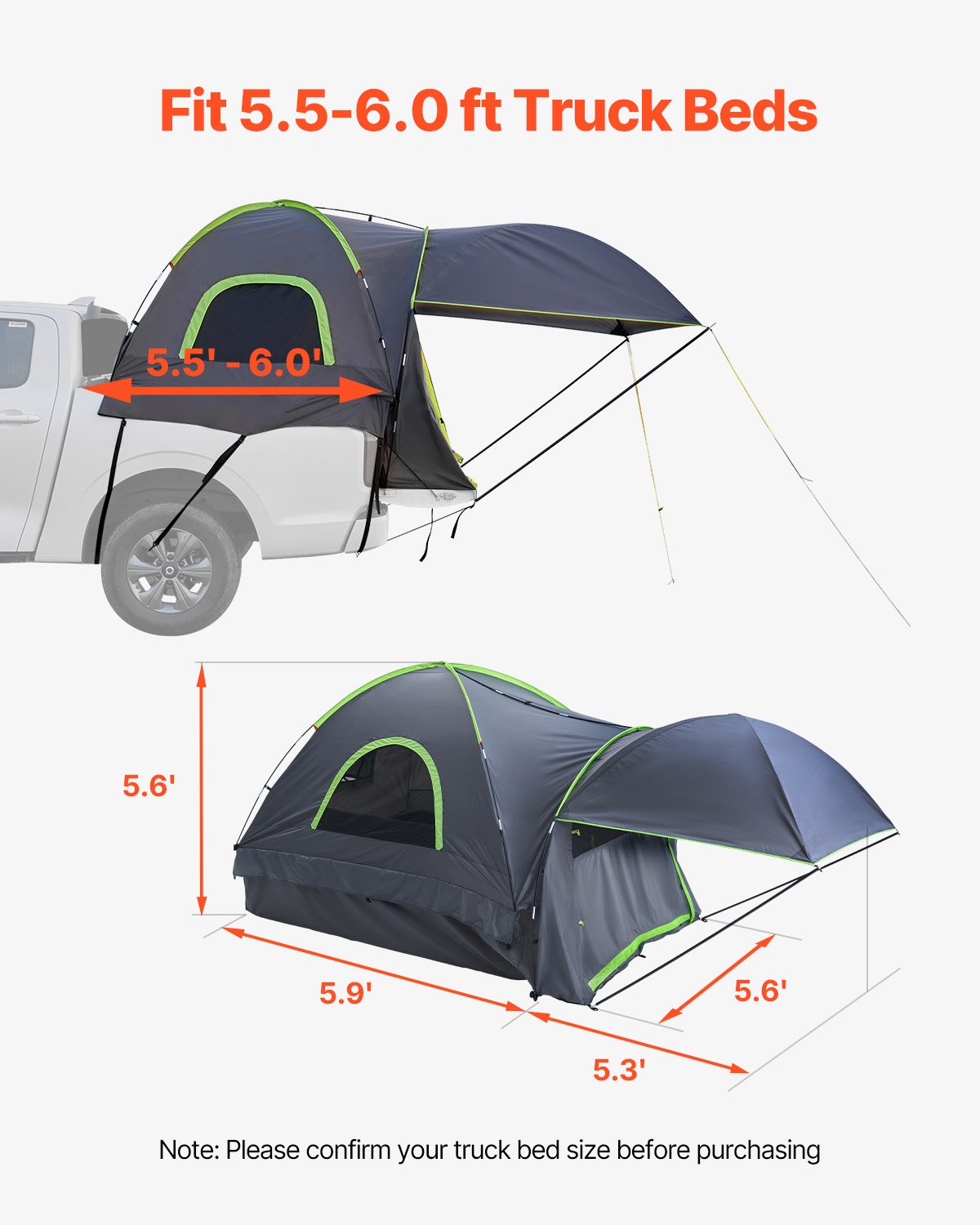 Pickuptält, passar 1,5-1,8 m lastbilstält för camping, vattentätt PU2000 mm 2-3 personers sovplats för lastbilsflak, robust lastbilsflakstält med expanderbar markis, regnbågsskydd, förvaringsväska