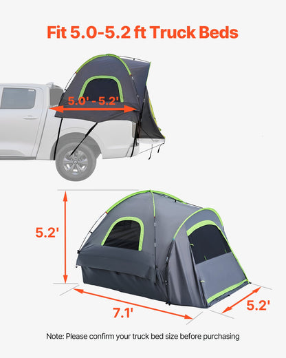 Pickuptält, passar 5,0-5,2 fot lastbilstält för camping, vattentätt PU2000mm 2-3 personers sovplats för lastbilsflak med dubbla lagerdesignfönster, robust lastbilsflakskal med förvaringsväska